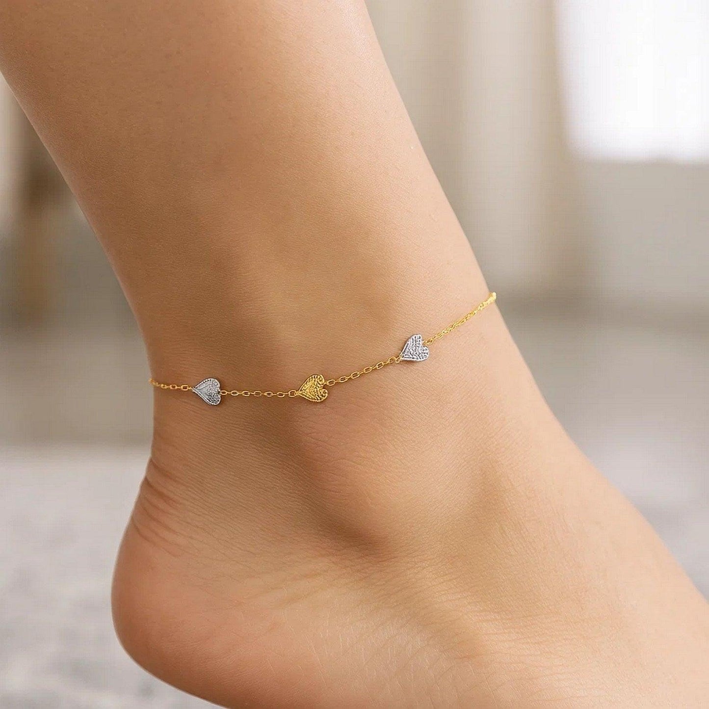 14k Two-Toned Yellow and White Gold Anklet with Textured Hearts