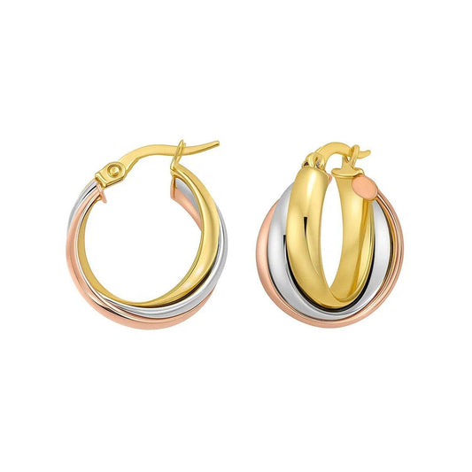 14K Tri Color Gold Polished Medium Trinity Woven Hoop Earrings