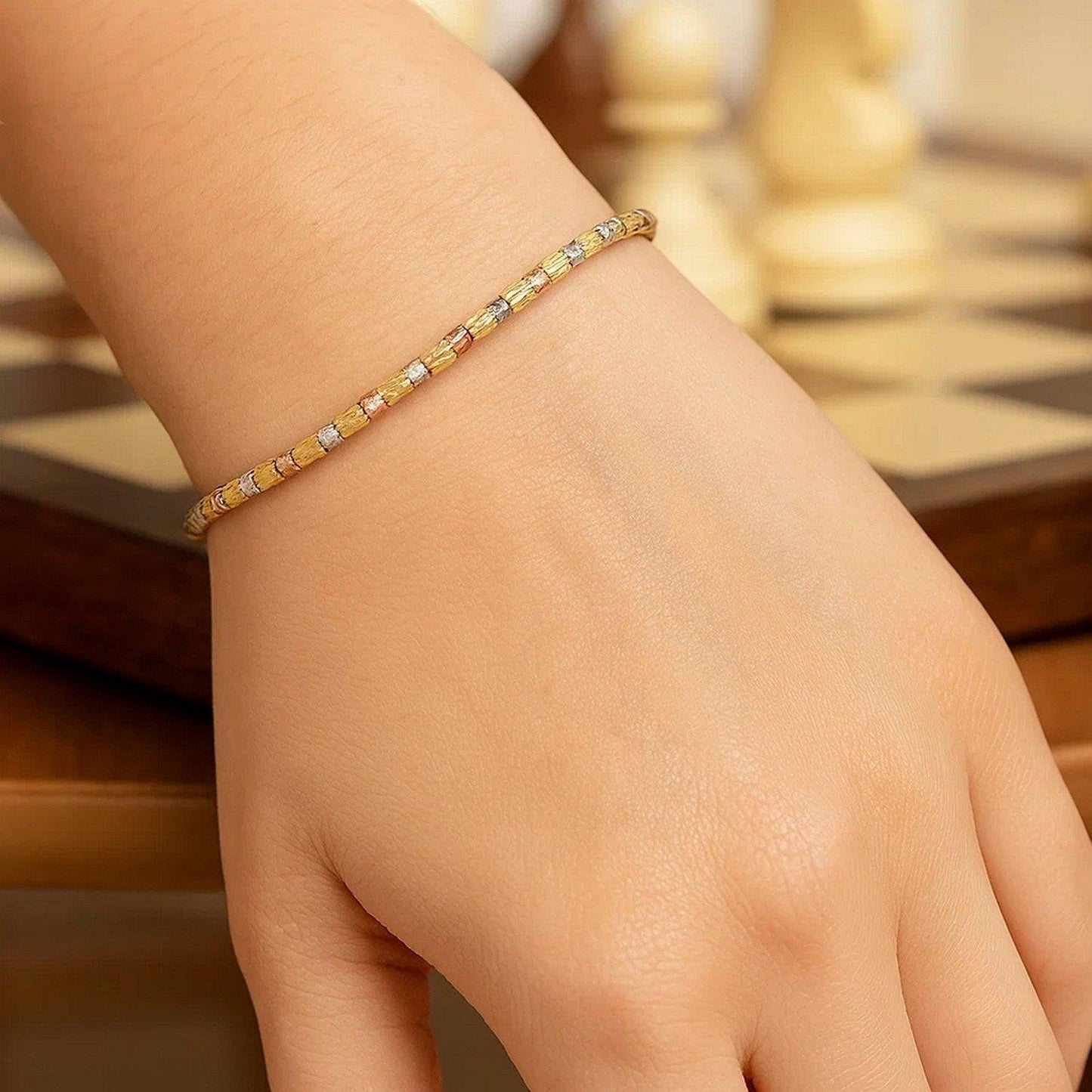 Tri Color Diamond Cut Bead Bracelet in 14K Gold