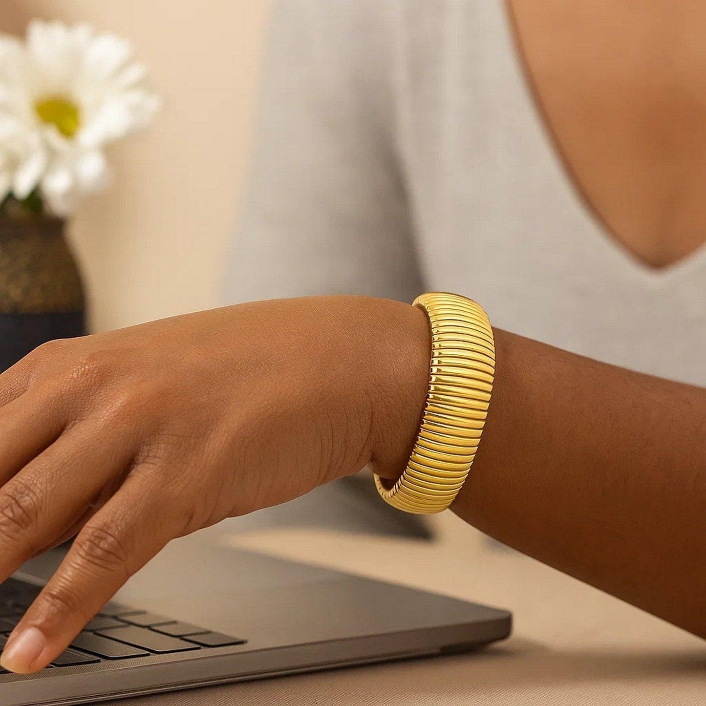 Sterling Silver Yellow Gold Plated Extra Thick Tubogas Bracelet (18.00 mm)