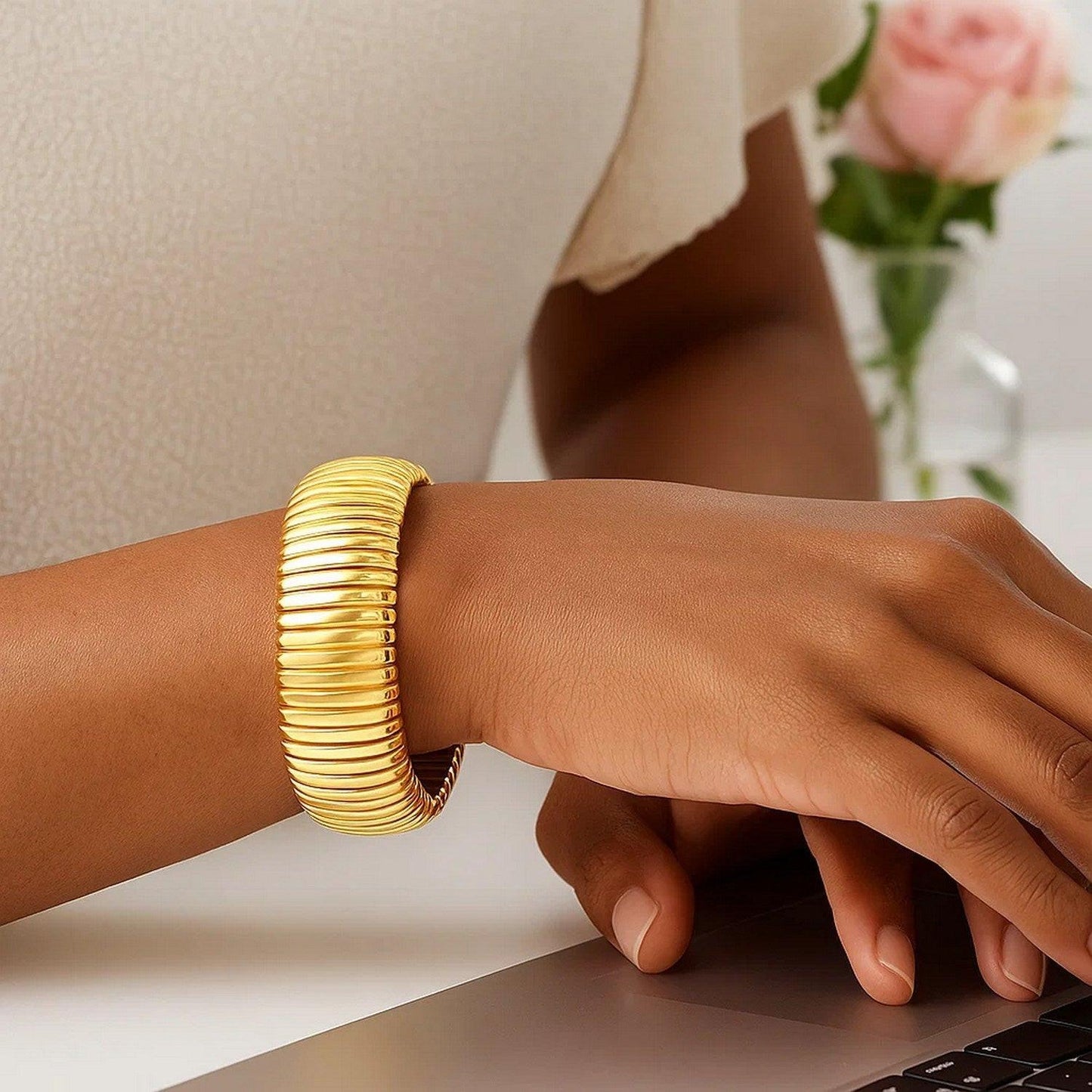 Sterling Silver Yellow Gold Plated Extra Thick Tubogas Bracelet (18.00 mm)