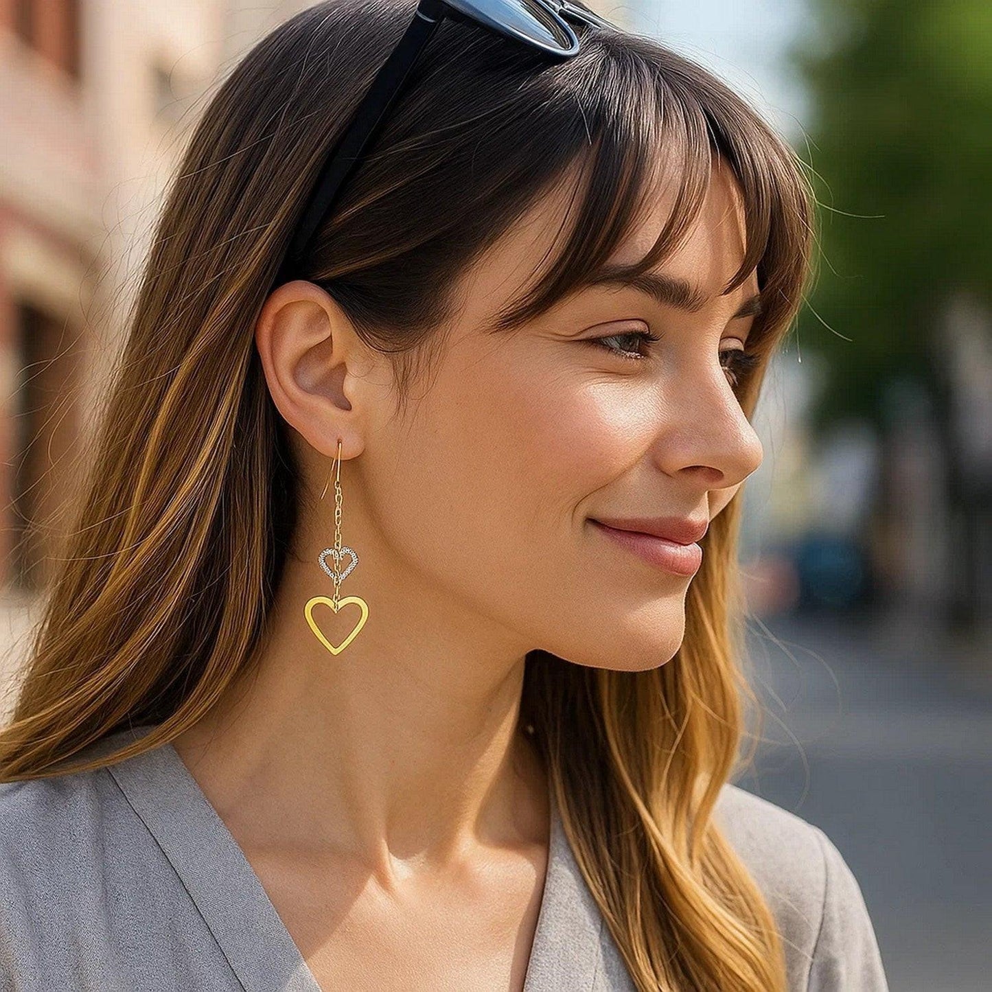 10k Two-Tone Gold Cutout Heart Chain Dangling Earrings