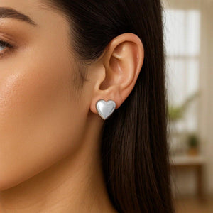 Sterling Silver Rhodium Plated Puffed Large Heart Stud Earrings