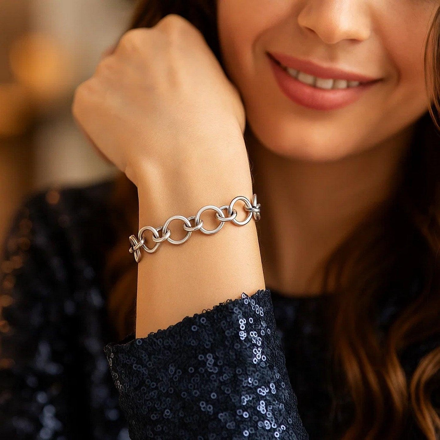 Sterling Silver Rhodium Plated Round Link Bracelet