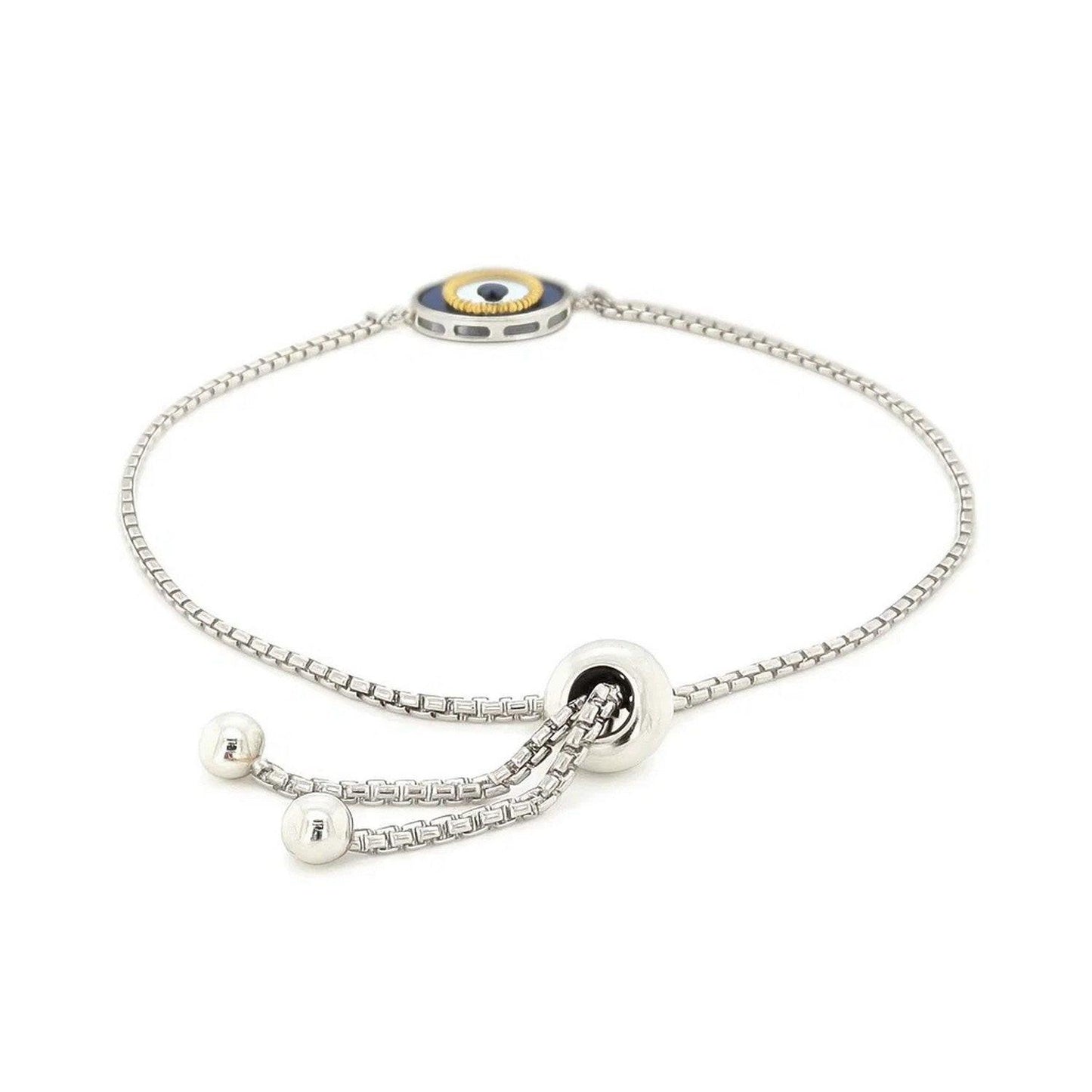 Sterling Silver Adjustable Two Toned Enameled Evil Eye Friendship Bracelet