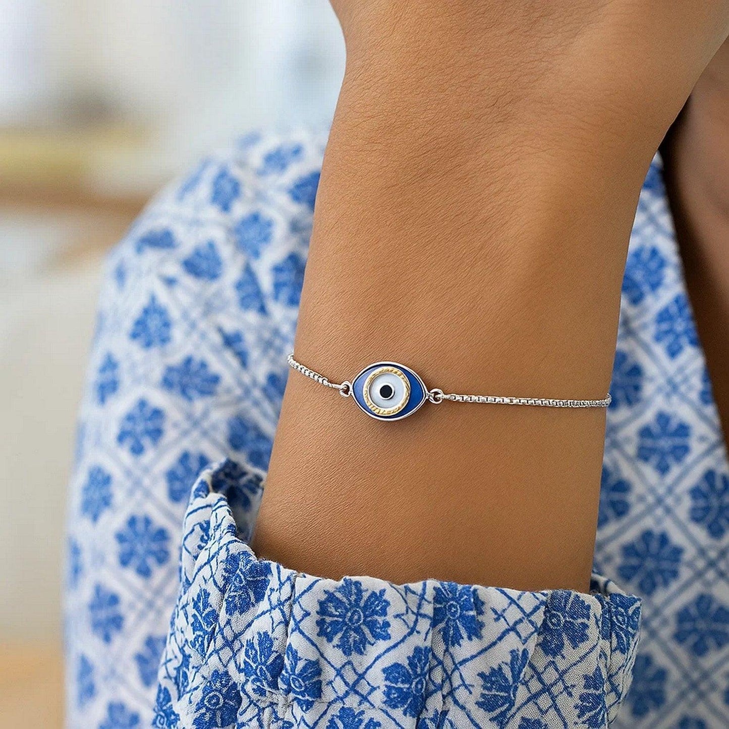 Sterling Silver Adjustable Two Toned Enameled Evil Eye Friendship Bracelet