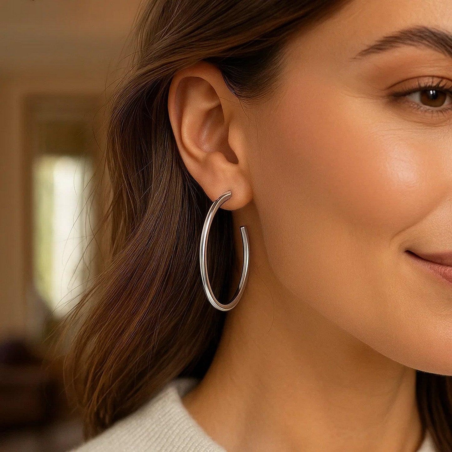 Sterling Silver Round Tube C Hoop Earrings