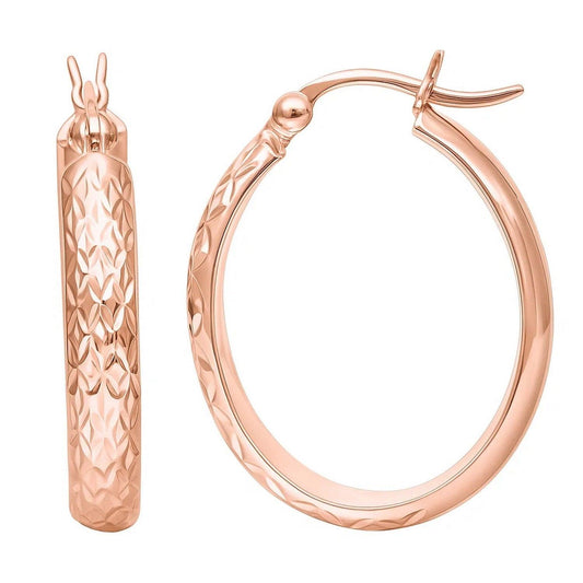 14k Rose Gold Hammered Oval Hoop Earrings
