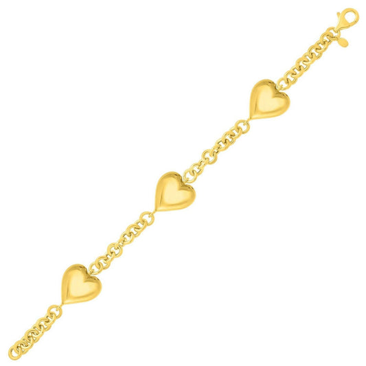 Sterling Silver Yellow Gold Plated Extra Puffed Triple Heart Bracelet