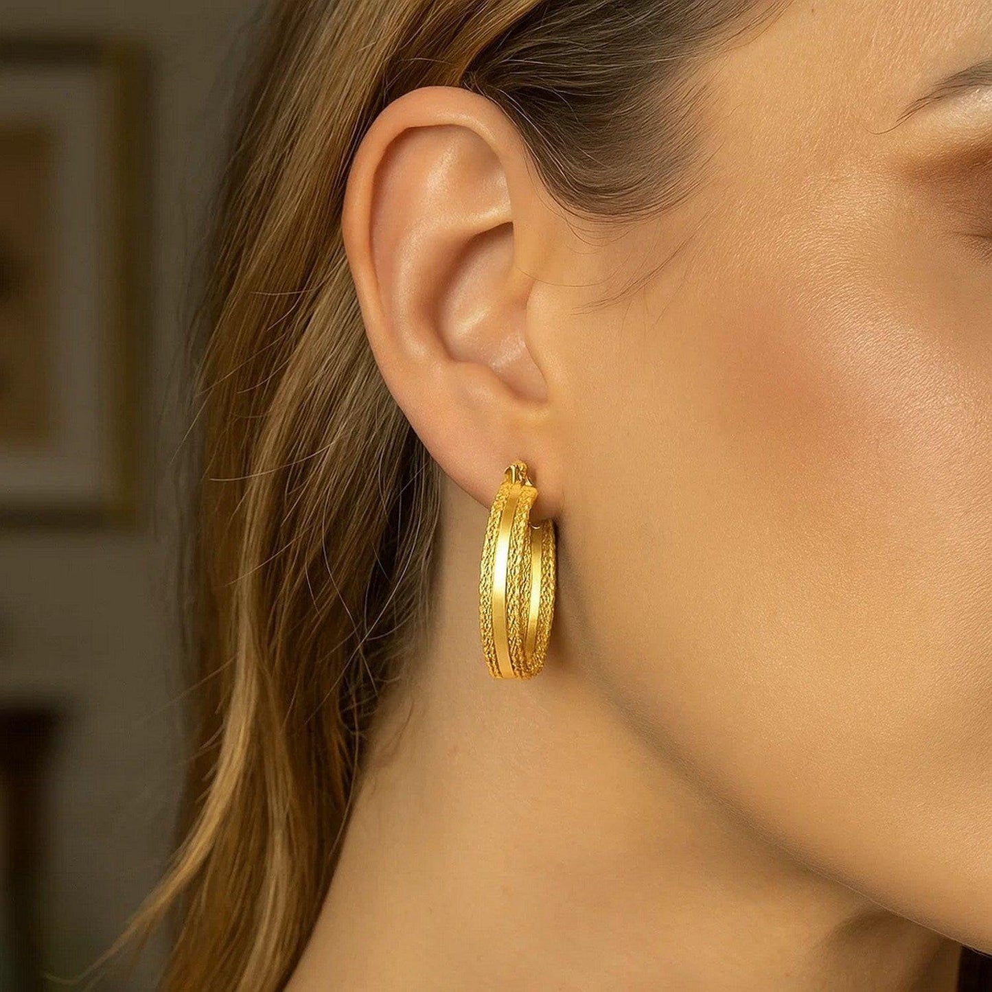 14K Yellow Gold Sparkle Spring Hoop Earrings