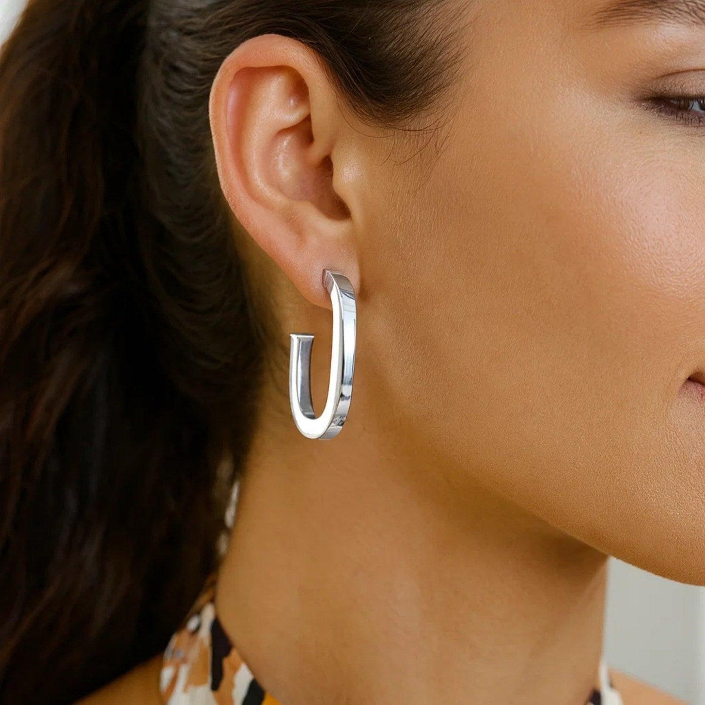 Sterling Silver Thick Oval Link C Hoop Earrings