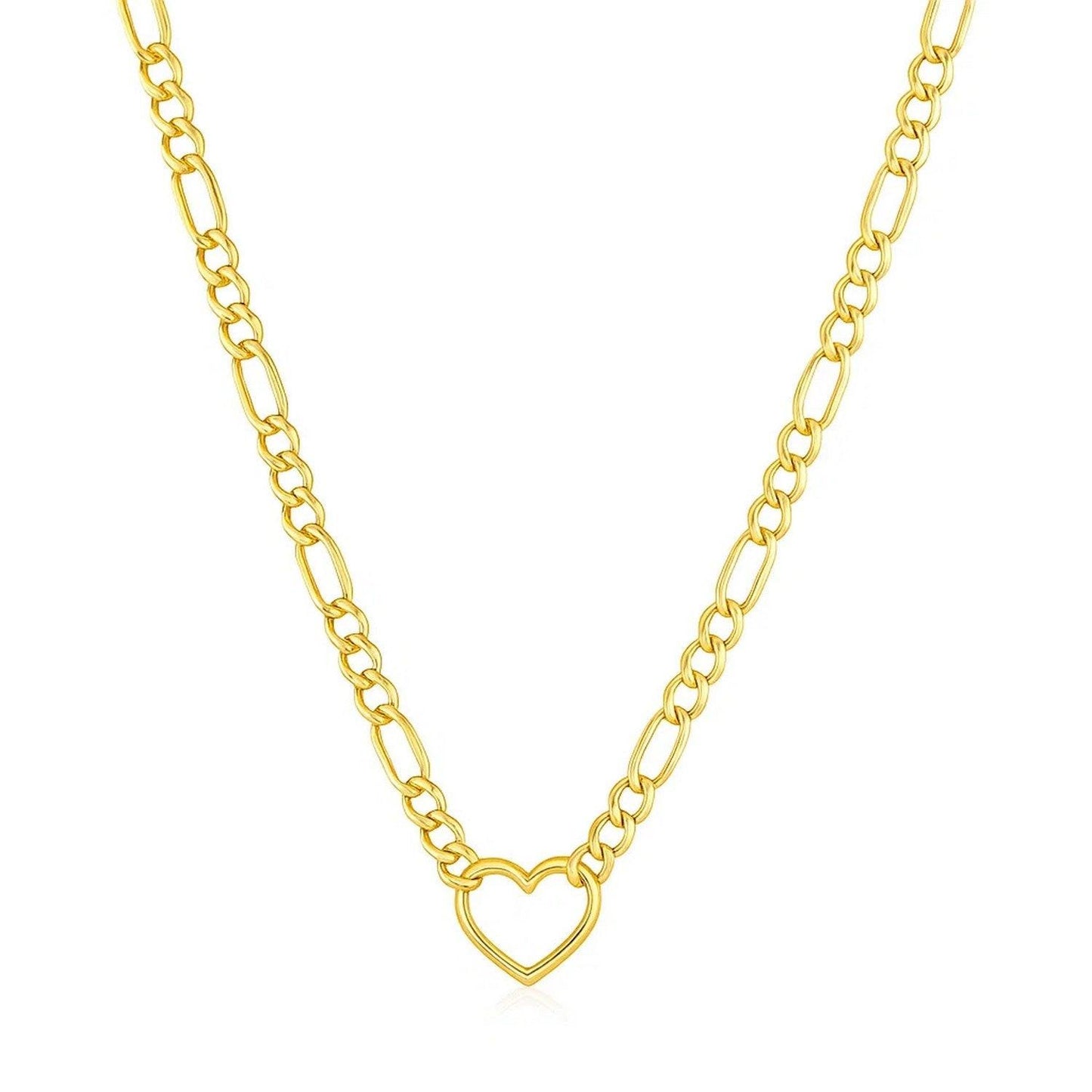 14k Yellow Gold Figaro Chain Necklace with Heart