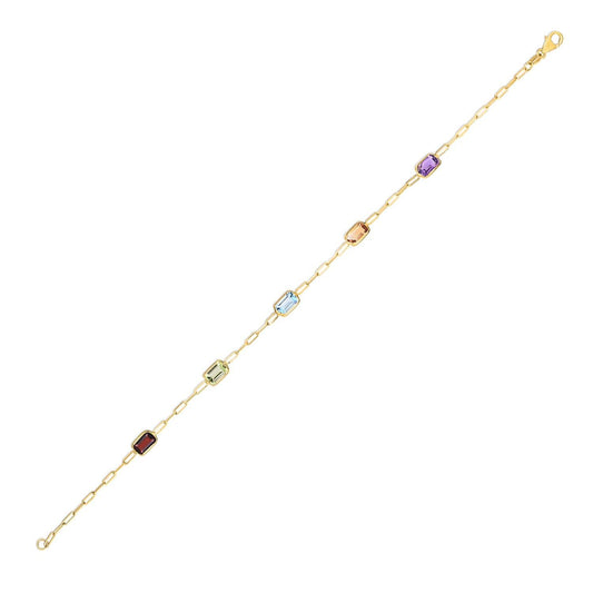 14K Yellow Gold Multi Gemstone Paperclip Bracelet (1.50 mm)