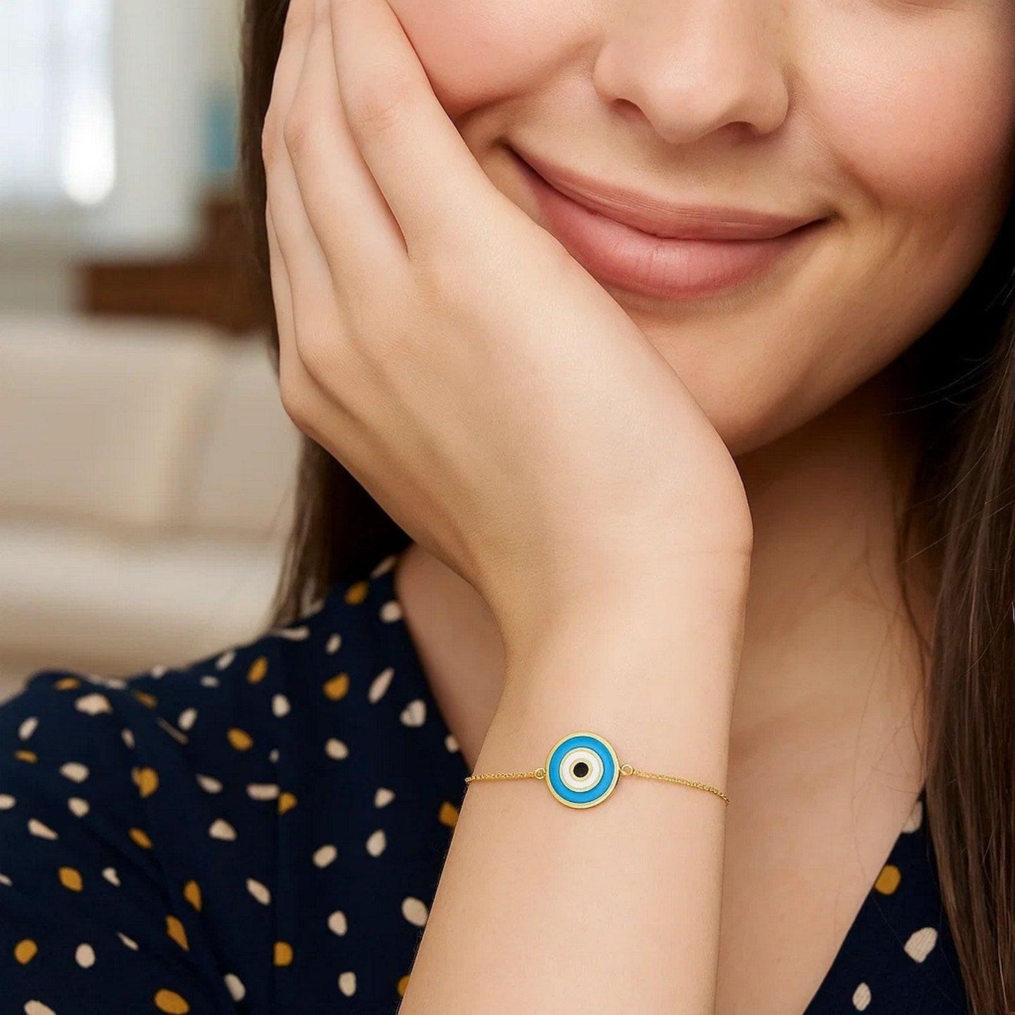 14k Yellow Gold Blue Evil Eye Bracelet (1.00 mm)