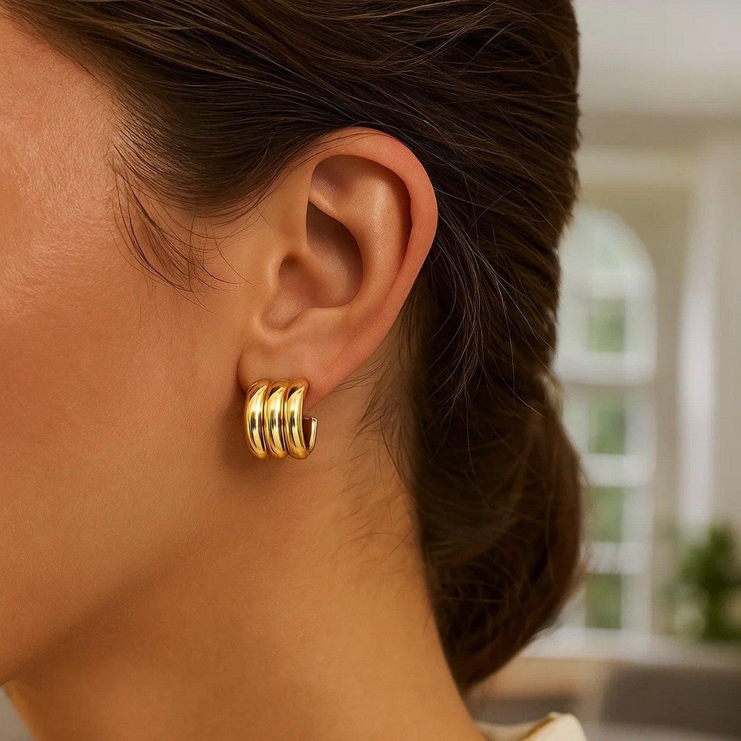 Sterling Silver Yellow Gold Plated Triple Row C Hoop Earrings