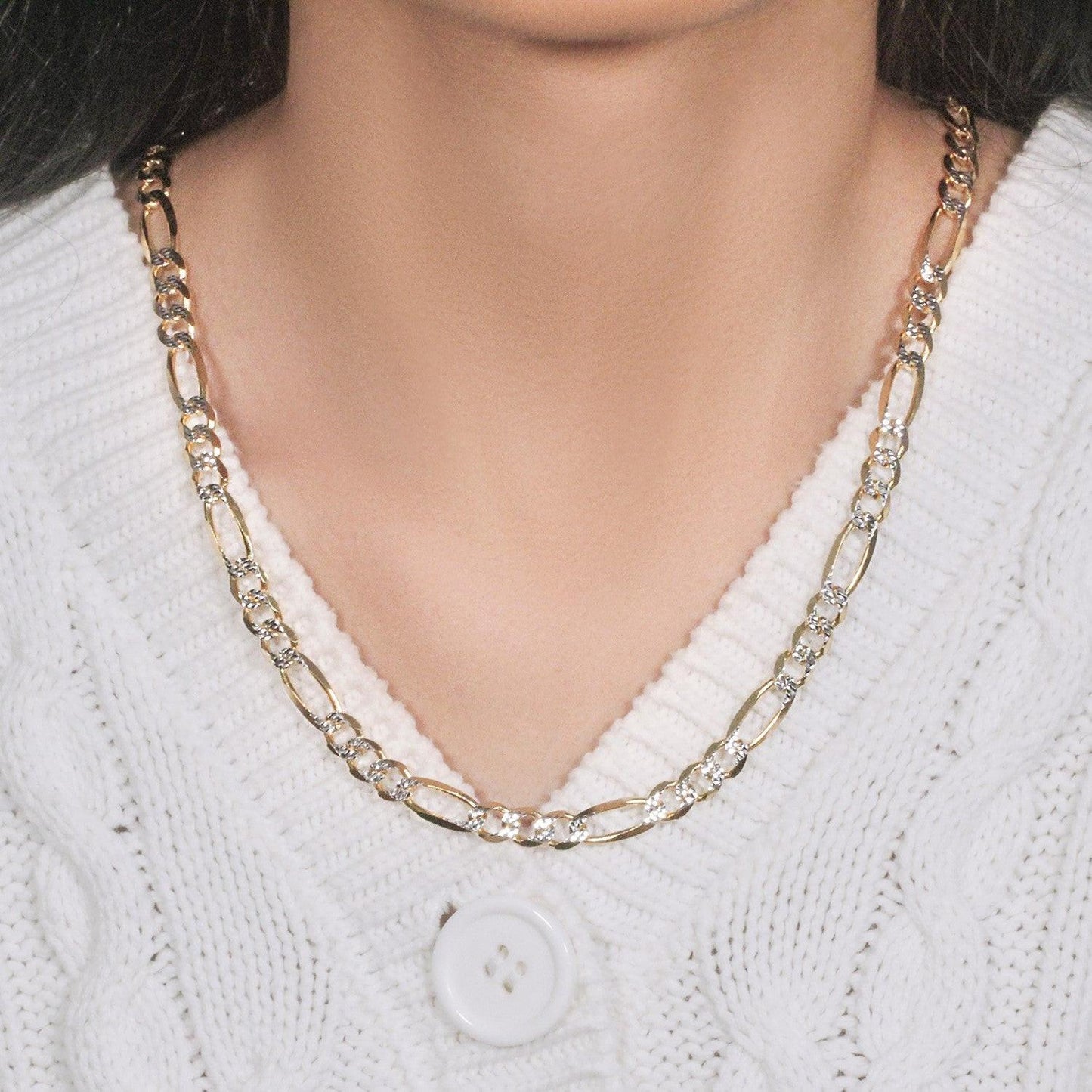 14K Yellow Gold Solid Pave Figaro Chain (7.00 mm)