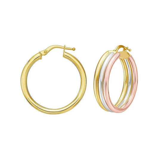 14K Tri Color Gold Polished Trinity Tube Hoop Earrings