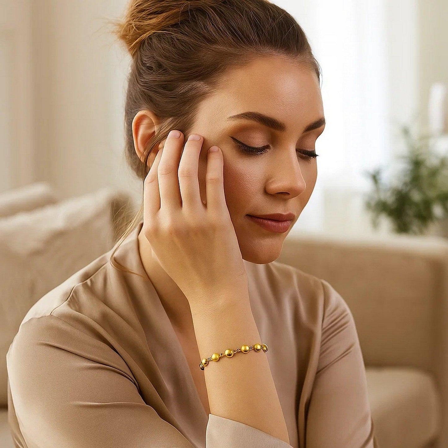 14K Yellow Gold Polished and Satin Pebble Bracelet (6.00 mm)