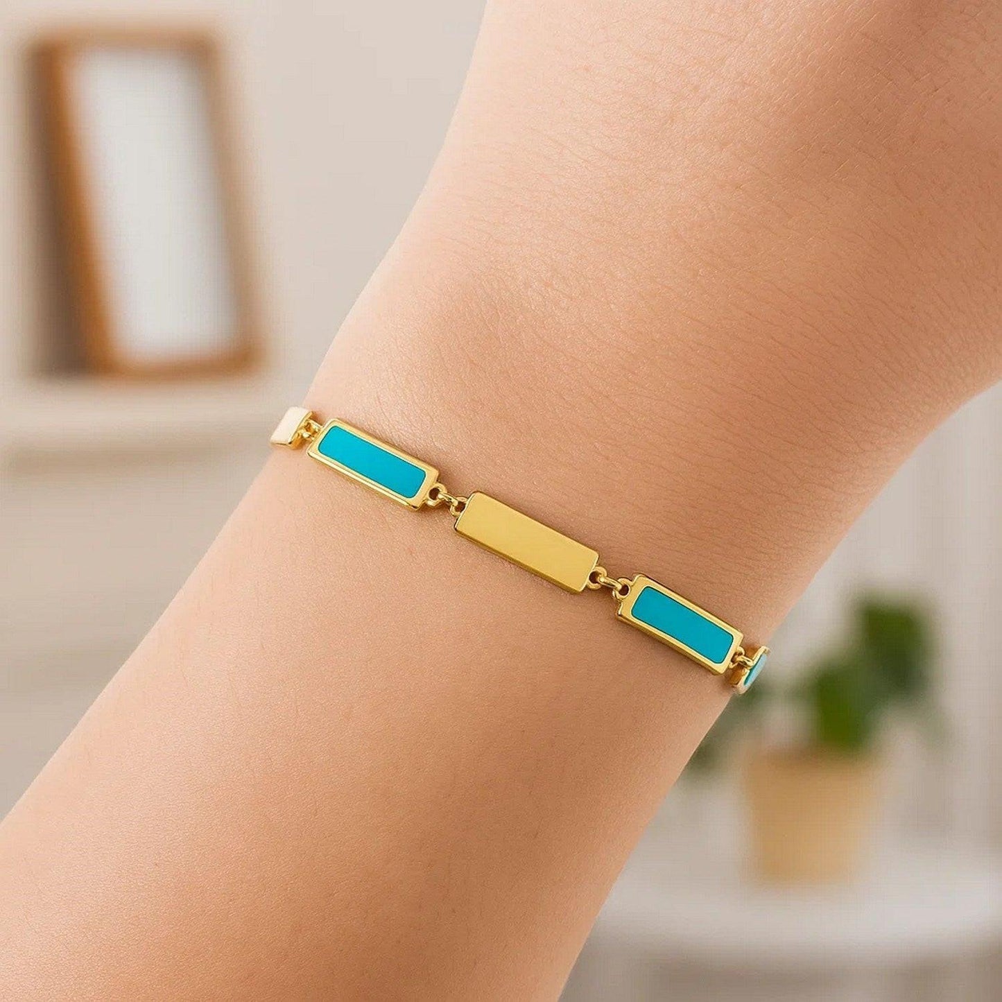 14K Yellow Gold Turquoise Rectangle Links Bracelet (3.50 mm)