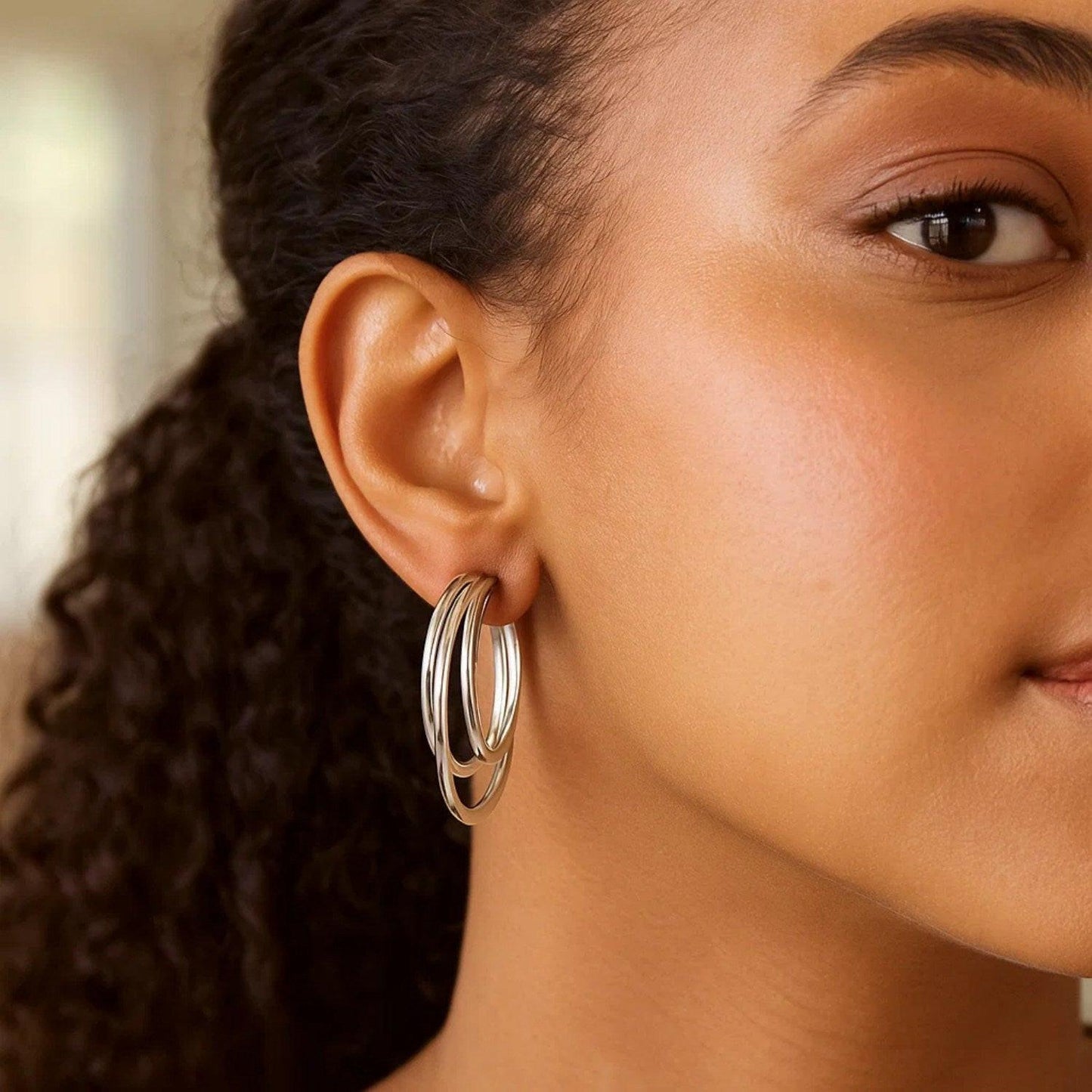 Sterling Silver Triple Row Hoop Earrings