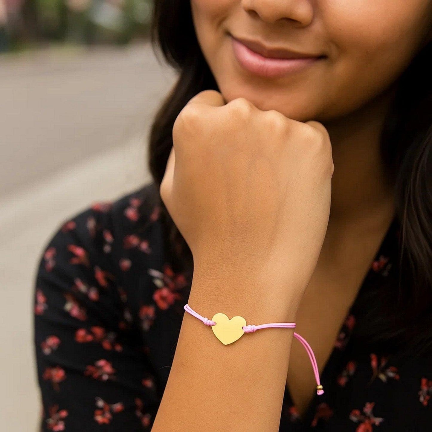 9 1/4 inch Pink Cord Adjustable Bracelet with 14k yellow Gold Heart