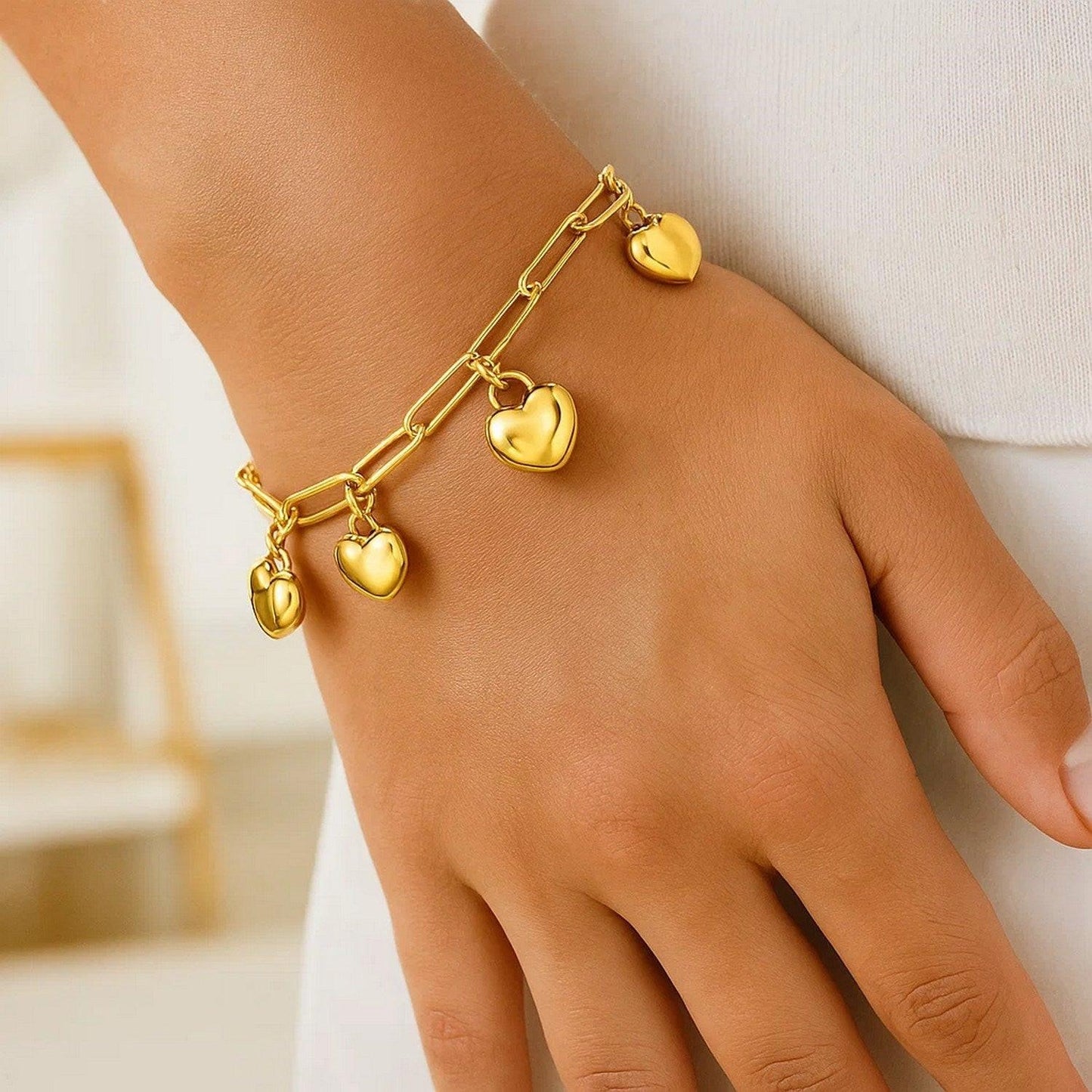14K Yellow Gold Puffed Heart Charm Bracelet