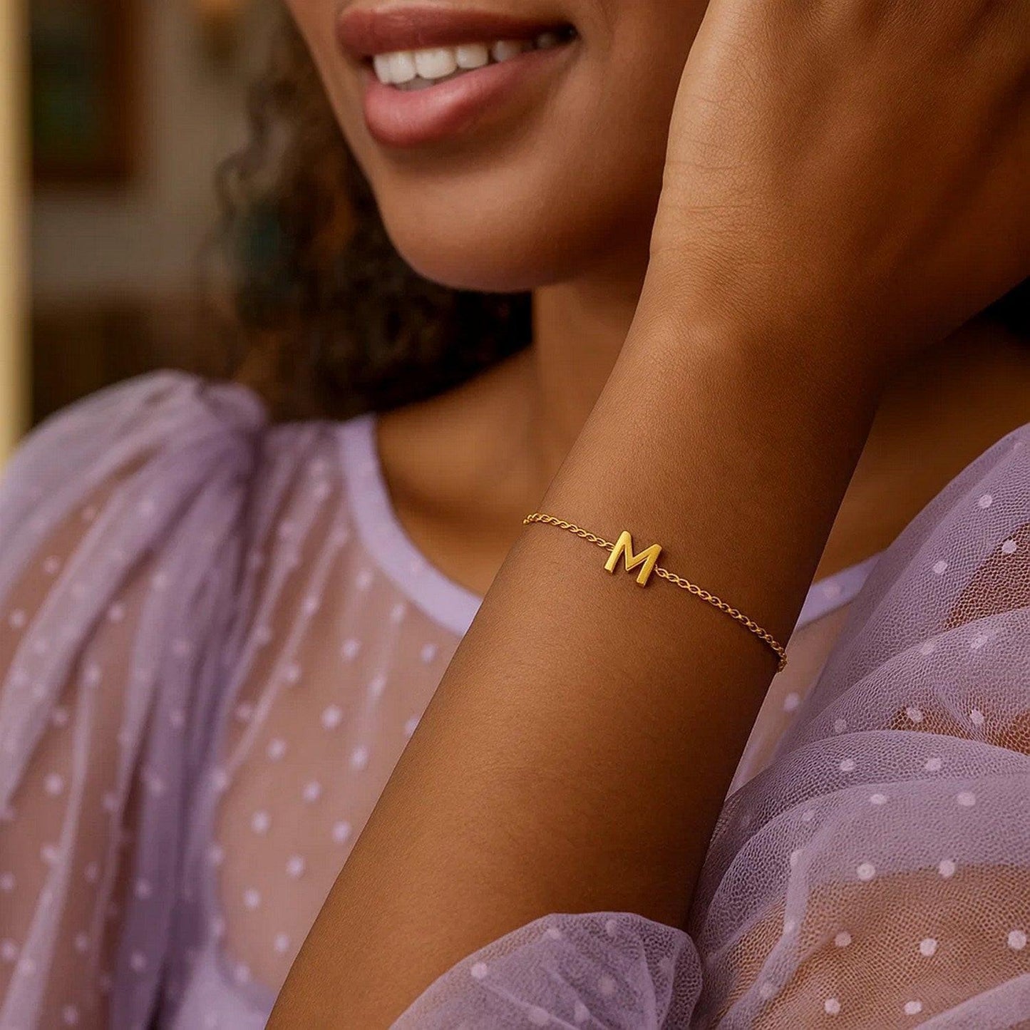 14K Yellow Gold Mini Initial M Bracelet