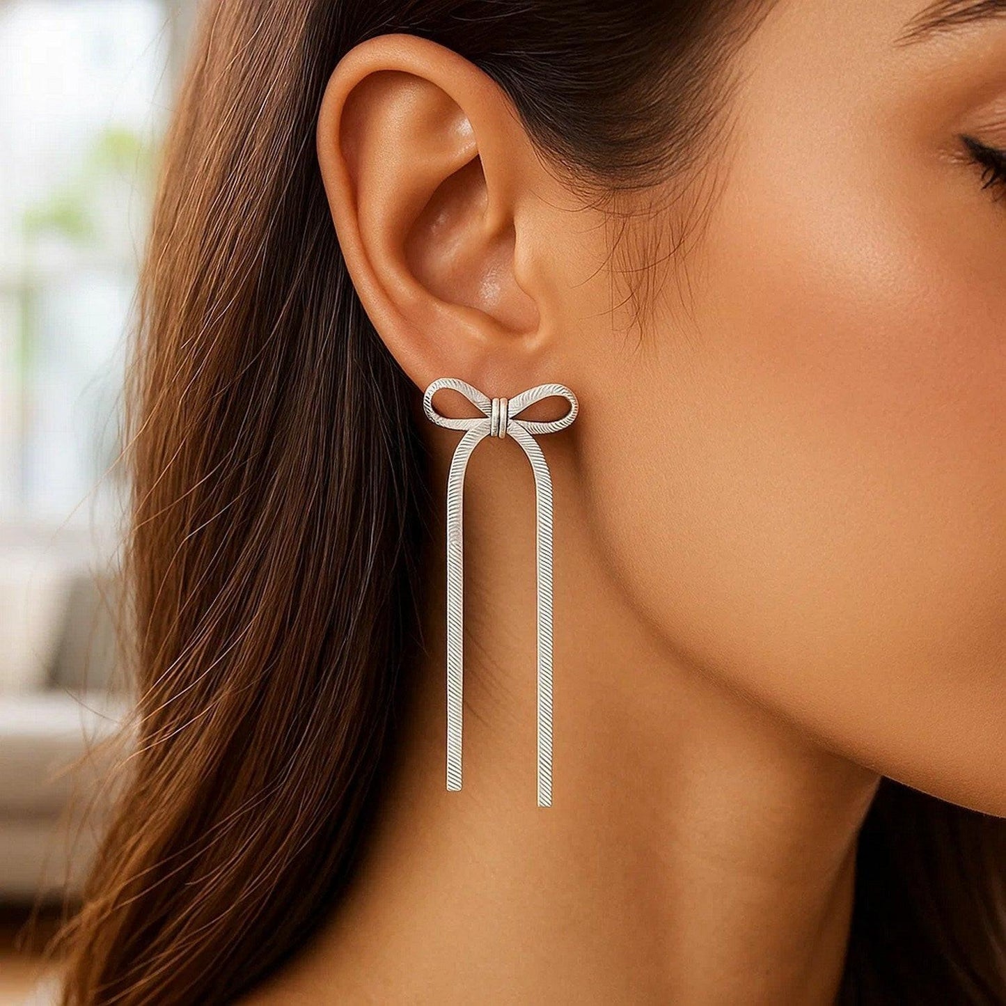 Sterling Silver Snake Chain Drop Dangle Bow Earrings