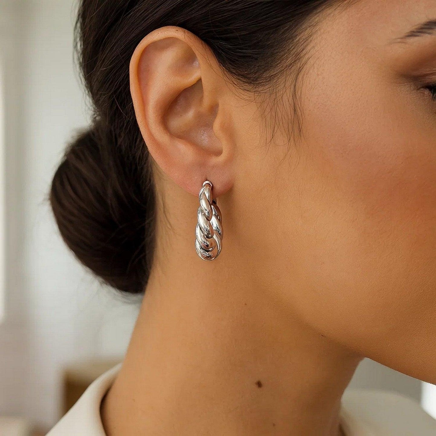 Sterling Silver Rhodium Plated Twisted Hoop Earrings