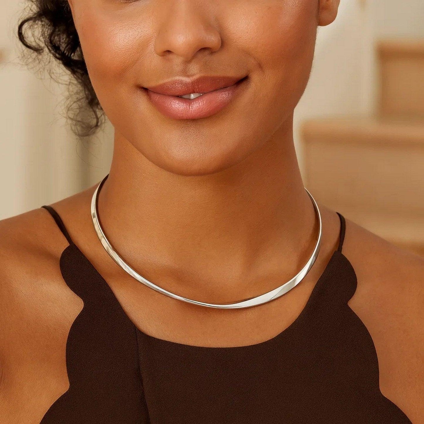 Sterling Silver Rhodium Plated Sculpted Collar Necklace