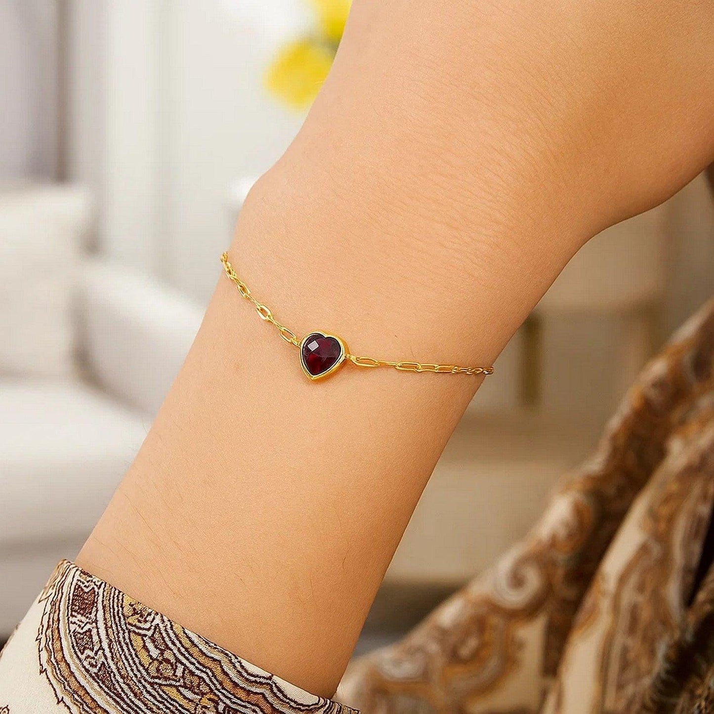 14K Yellow Gold Garnet Heart Bracelet