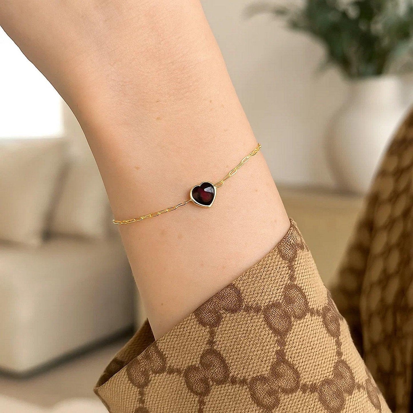 14K Yellow Gold Garnet Heart Bracelet