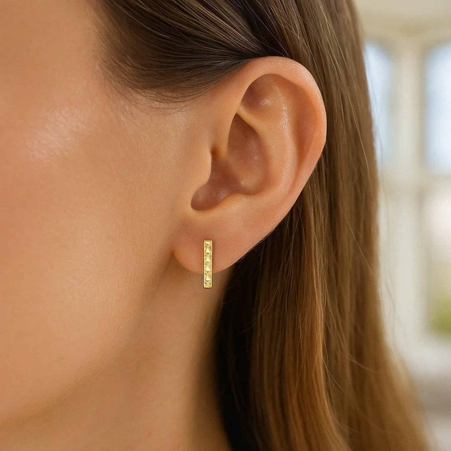 14k Yellow Gold Textured Bar Earrings