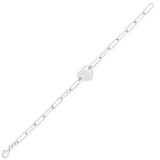 Sterling Silver Rhodium Plated Engravable Heart Paperclip Bracelet (2.10 mm)