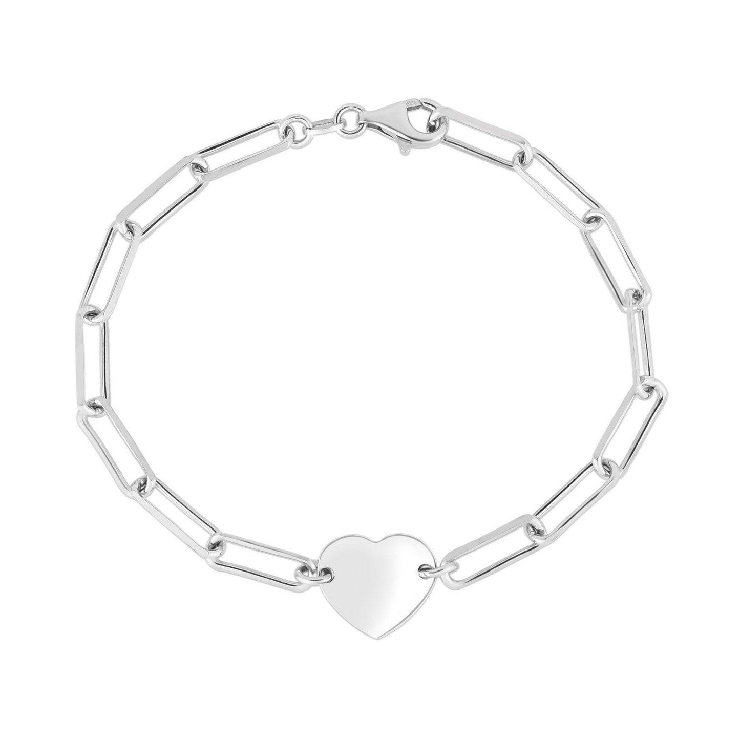 Sterling Silver Rhodium Plated Engravable Heart Paperclip Bracelet (2.10 mm)