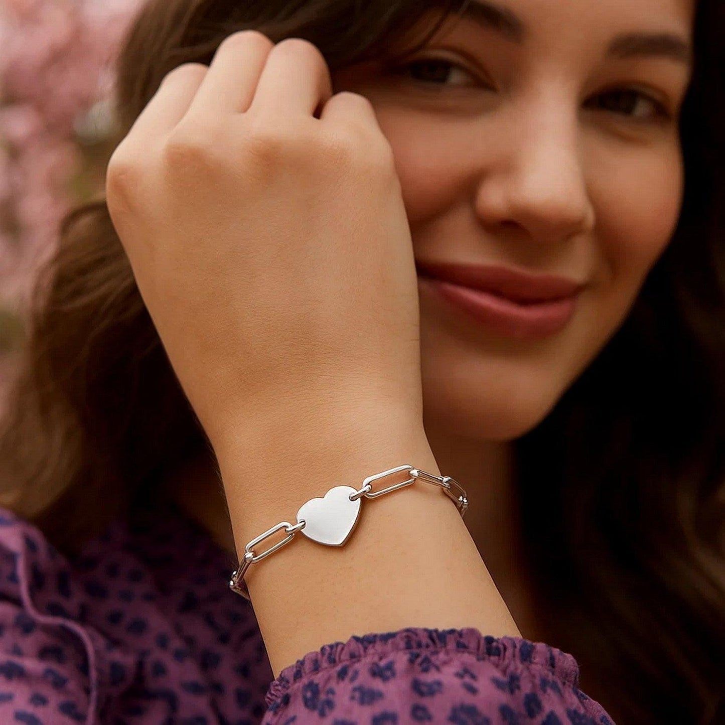 Sterling Silver Rhodium Plated Engravable Heart Paperclip Bracelet (2.10 mm)