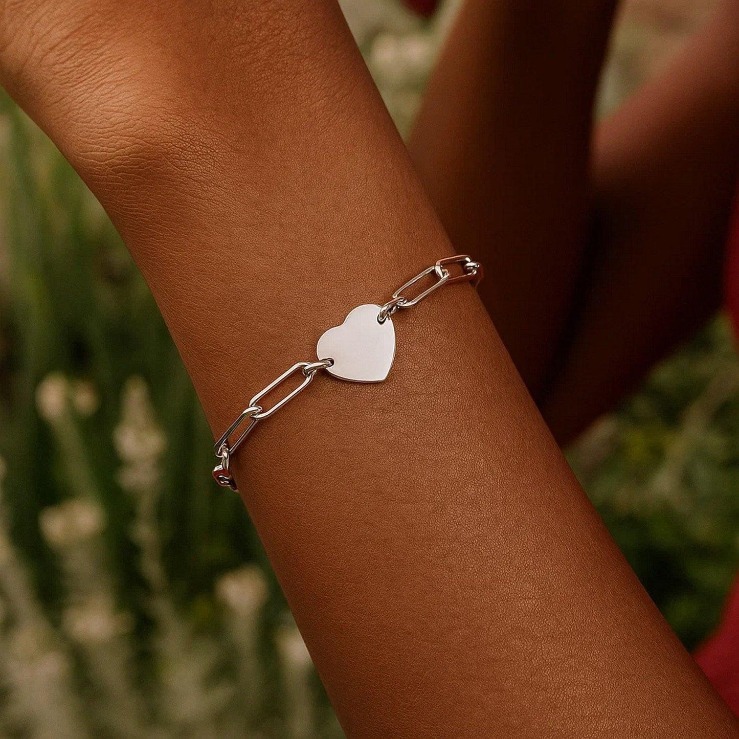 Sterling Silver Rhodium Plated Engravable Heart Paperclip Bracelet (2.10 mm)