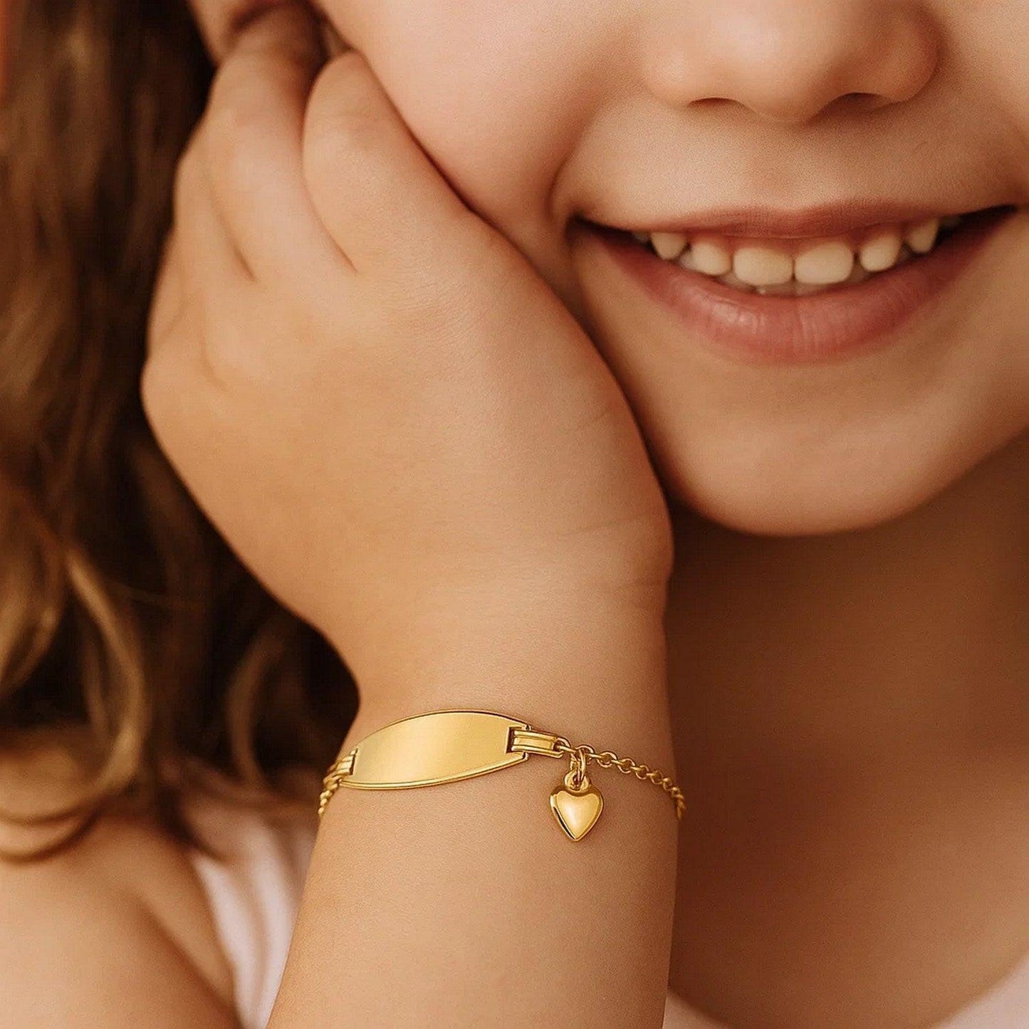 14k Yellow Gold Heart Accented Childrens Cable Chain ID Bracelet (6.35 mm)