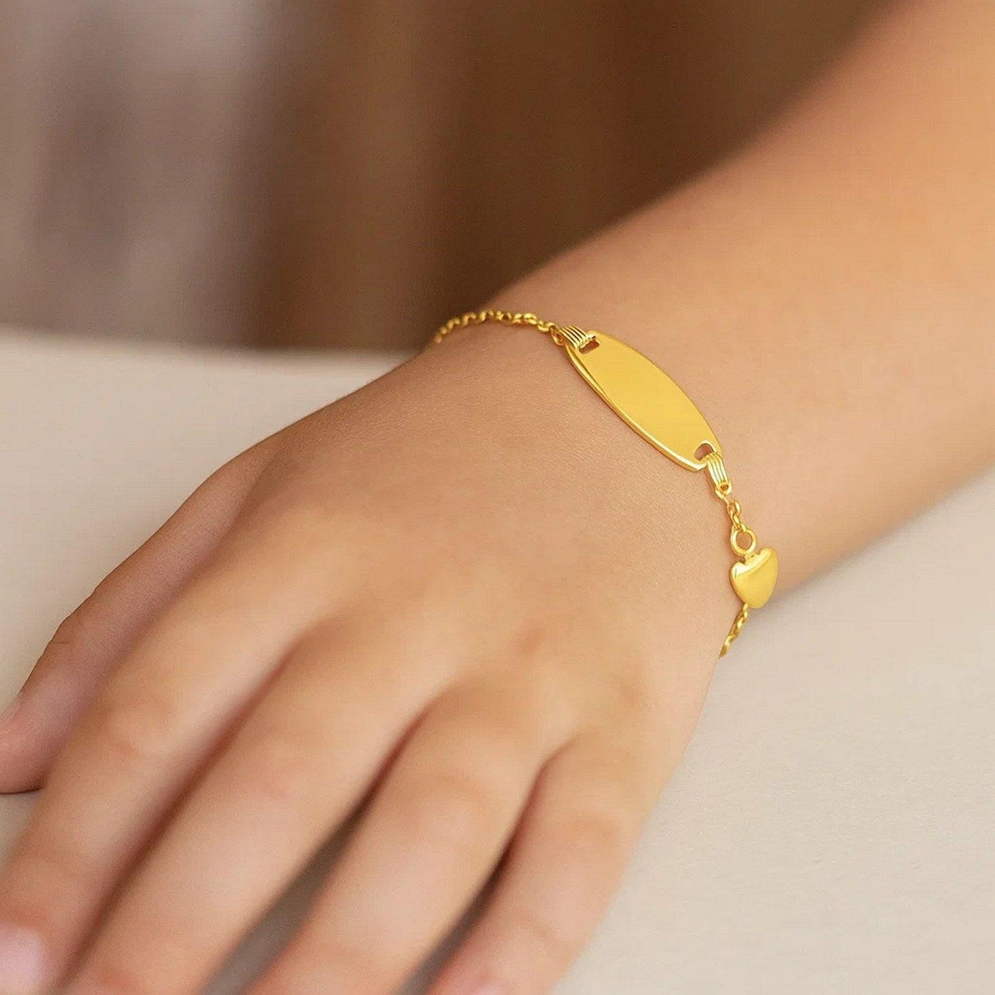 14k Yellow Gold Heart Accented Childrens Cable Chain ID Bracelet (6.35 mm)