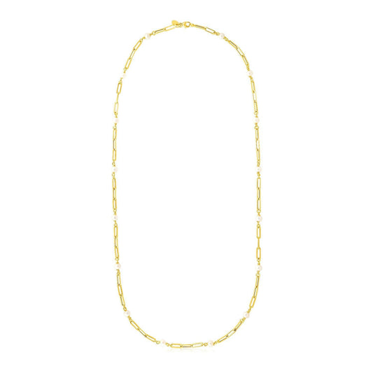 14k Yellow Gold Paperclip Chain and Pearl Necklace
