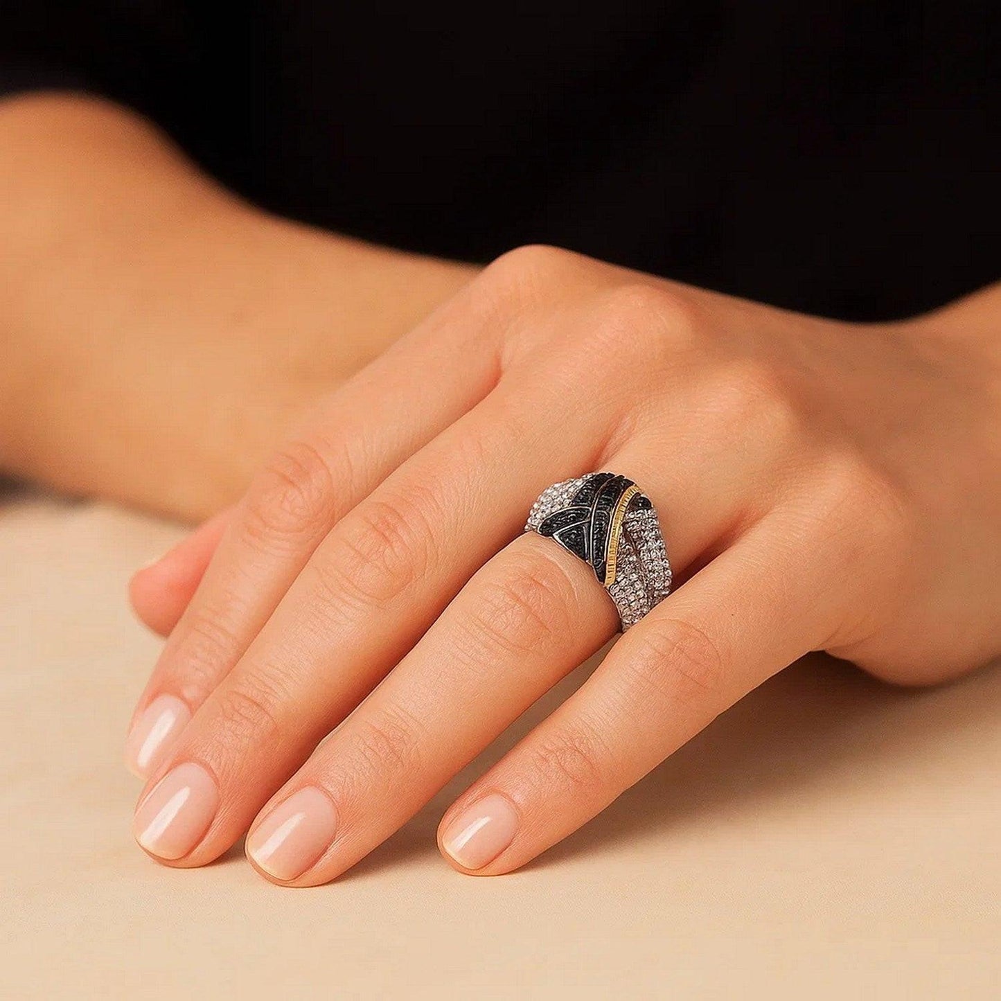 18k Yellow Gold & Sterling Silver Entwined Popcorn Ring with Black Diamonds