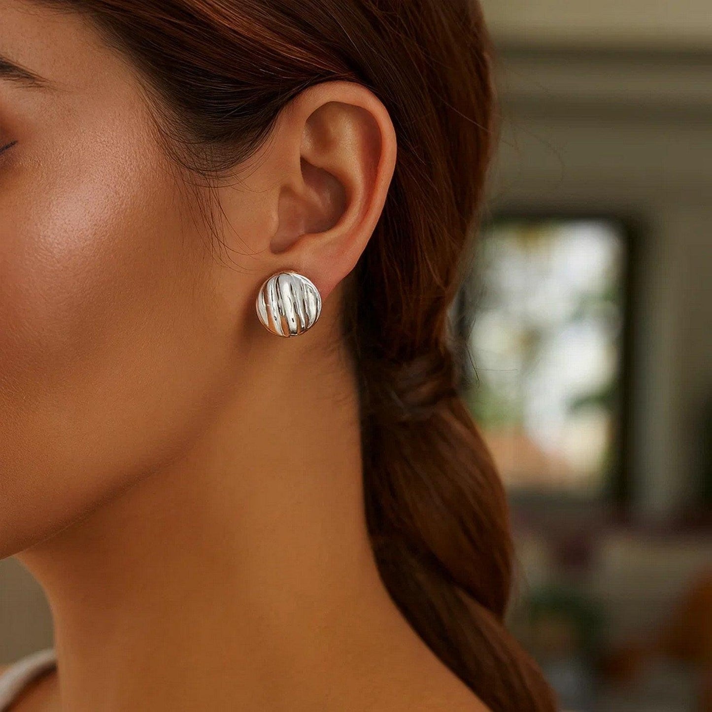 Sterling Silver Sculpted Domed Disc Stud Earrings