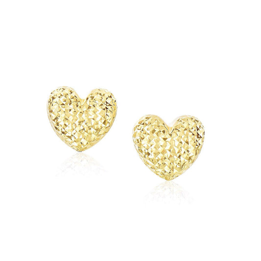 14k Yellow Gold Puffed Heart Earrings with Diamond Cuts