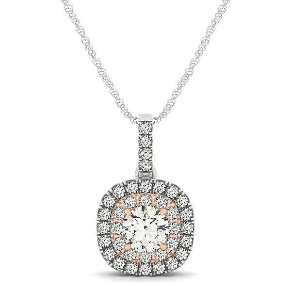 14k White And Rose Gold Cushion Shape Halo Diamond Pendant (1/2 cttw)