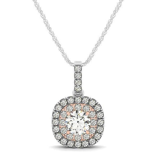 14k White And Rose Gold Cushion Shape Halo Diamond Pendant (1/2 cttw)