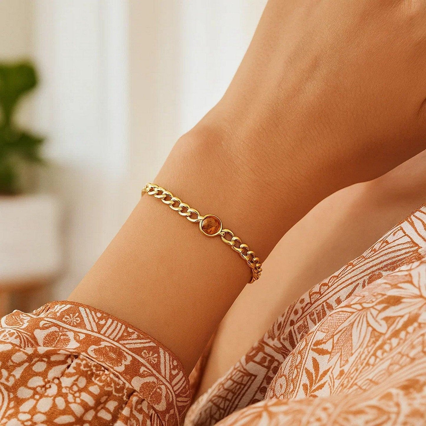 14K Yellow Gold Citrine Curb Chain Bracelet (3.60 mm)