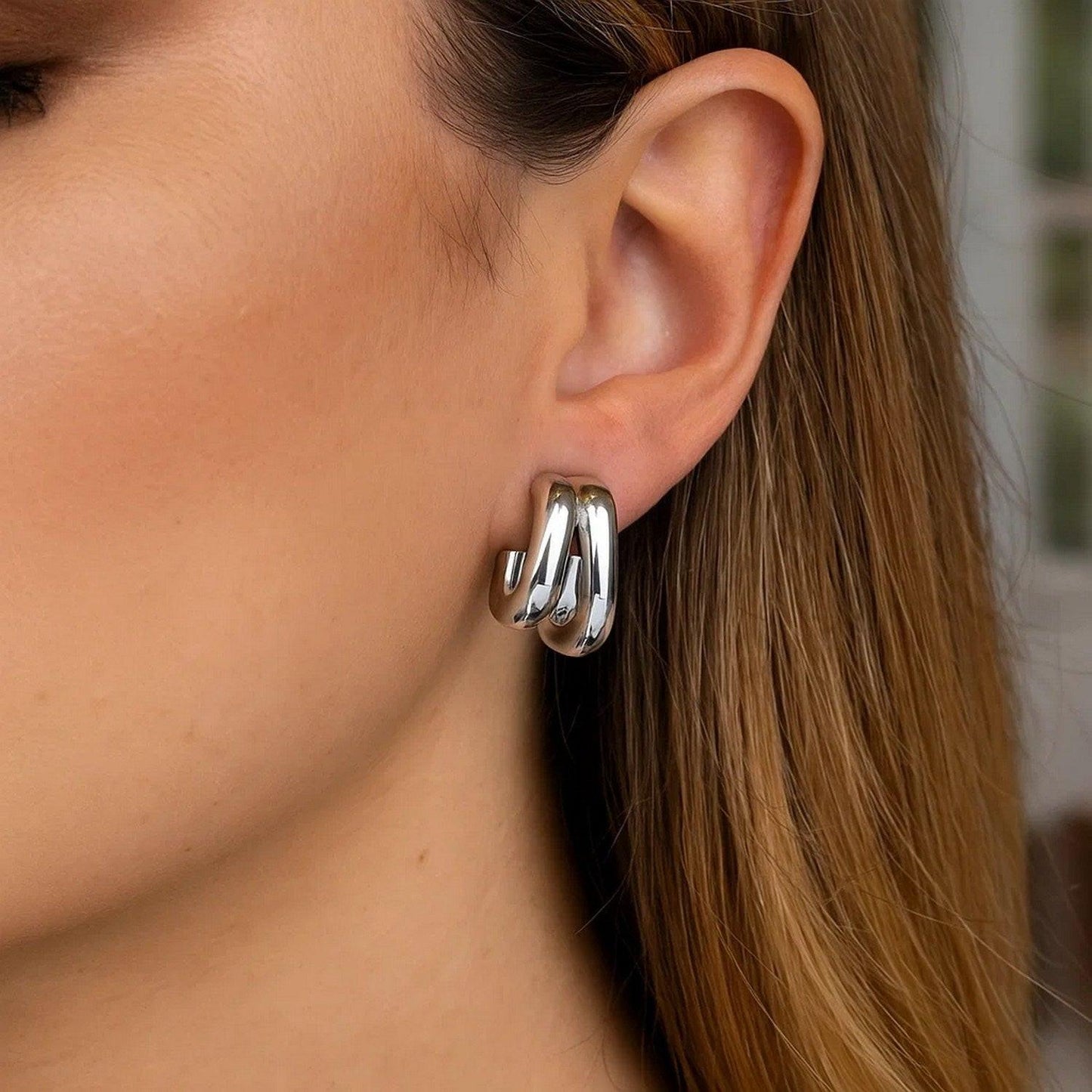 Sterling Silver Double Row Big and Small Hoop Earrings