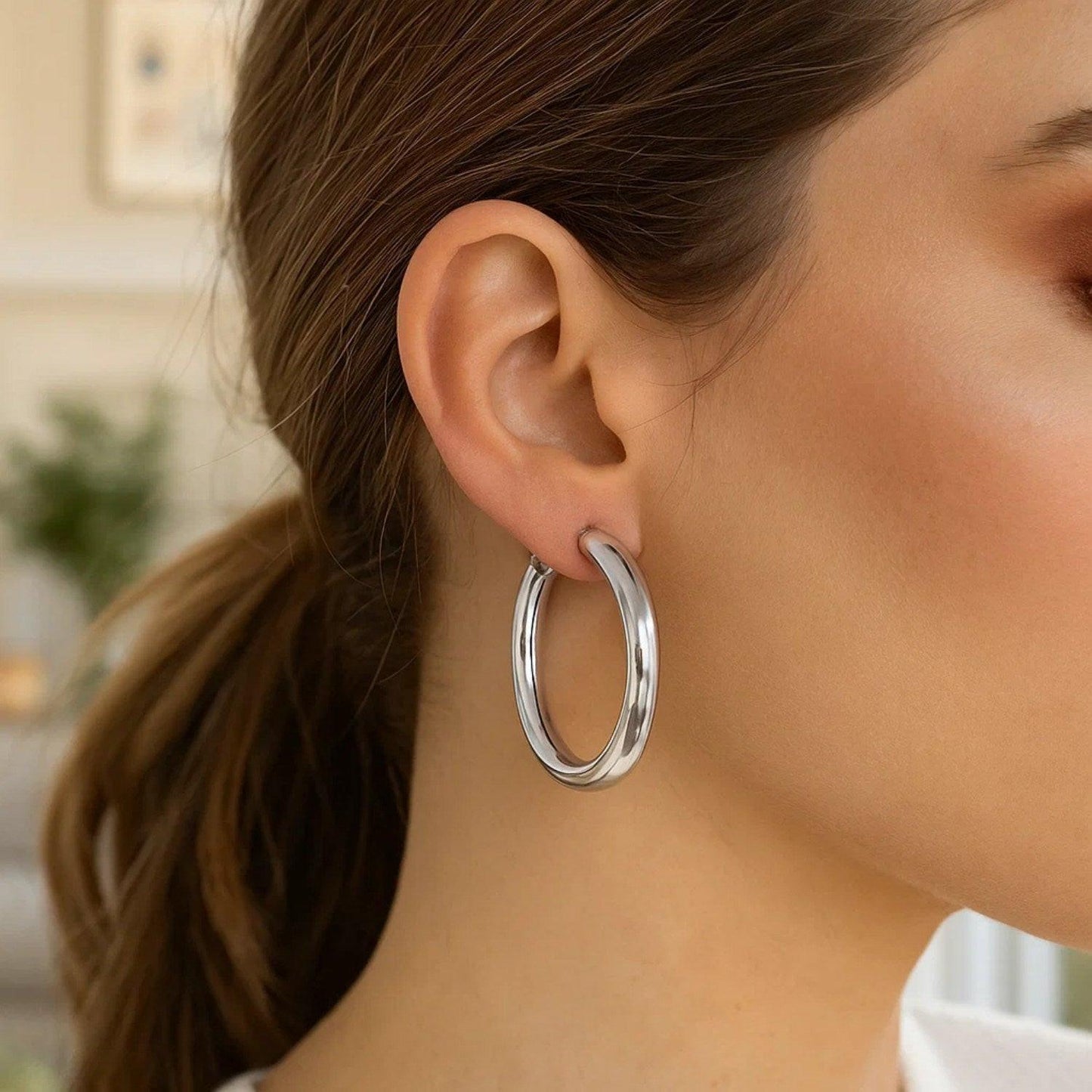 Sterling Silver Thick Rhodium Plated Polished Hoop Style Earrings (4x35mm)