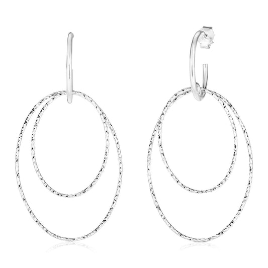 Sterling Silver Double Oval Textured Dangle Earrings