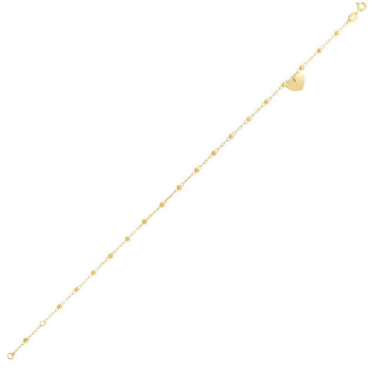 14K Yellow Gold Dangle Heart and Bead Station Anklet